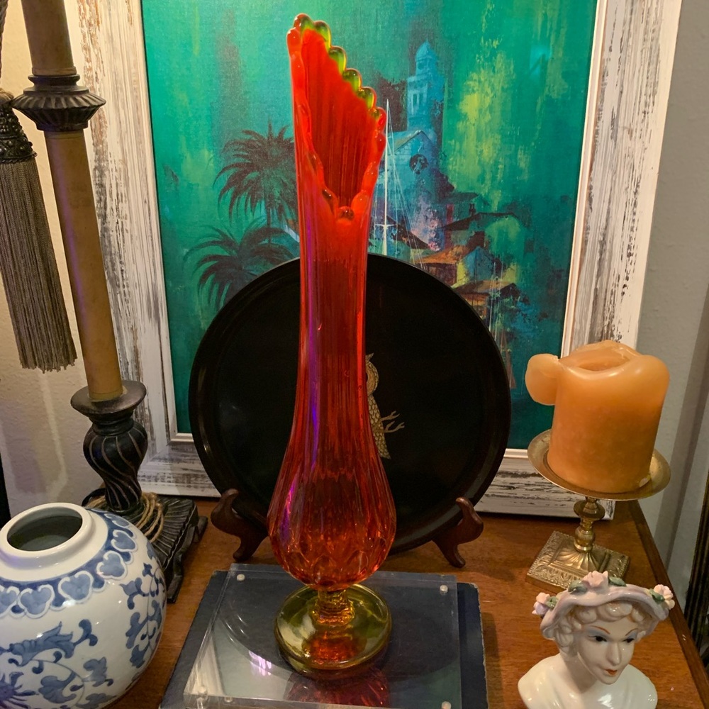 SOLD MCM Red Orange Pulled Glass Vintage Vase by Fenton